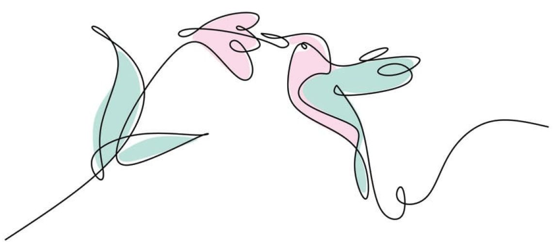 Continuous one line drawing of flying bird and flower