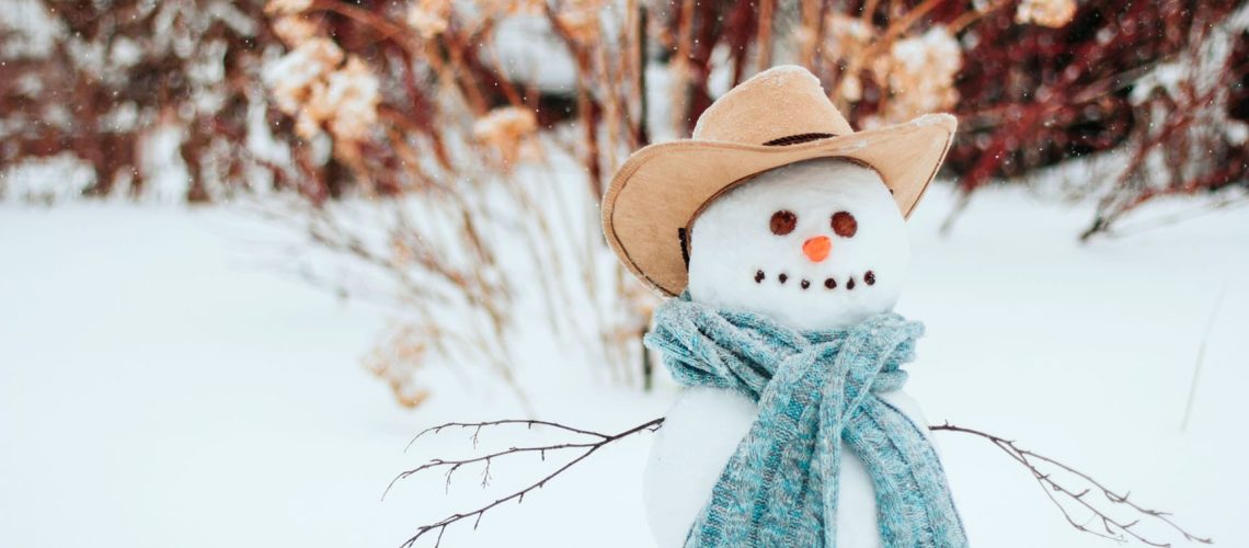 Snowman,In,A,Blue,Knitted,Scarf,And,A,Brown,Cowboy