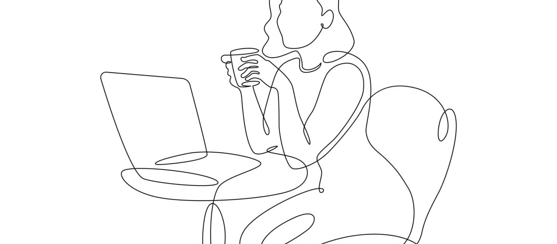 One,Continuous,Line.the,Girl,Drinks,Coffee,At,The,Laptop.,Working