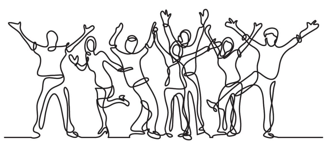 continuous line drawing of happy cheerful crowd of people