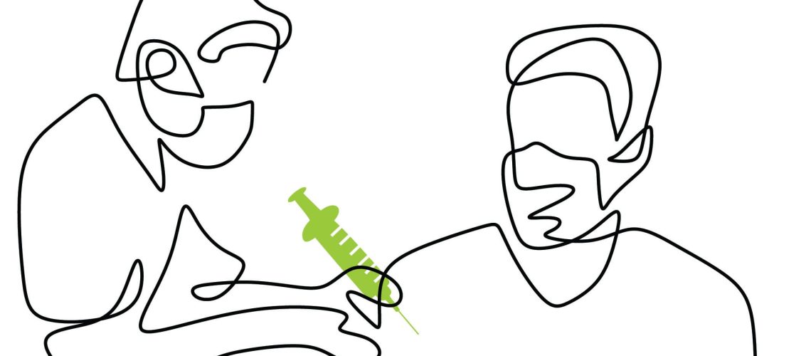 continuous line drawing of a doctor in protective mask giving va