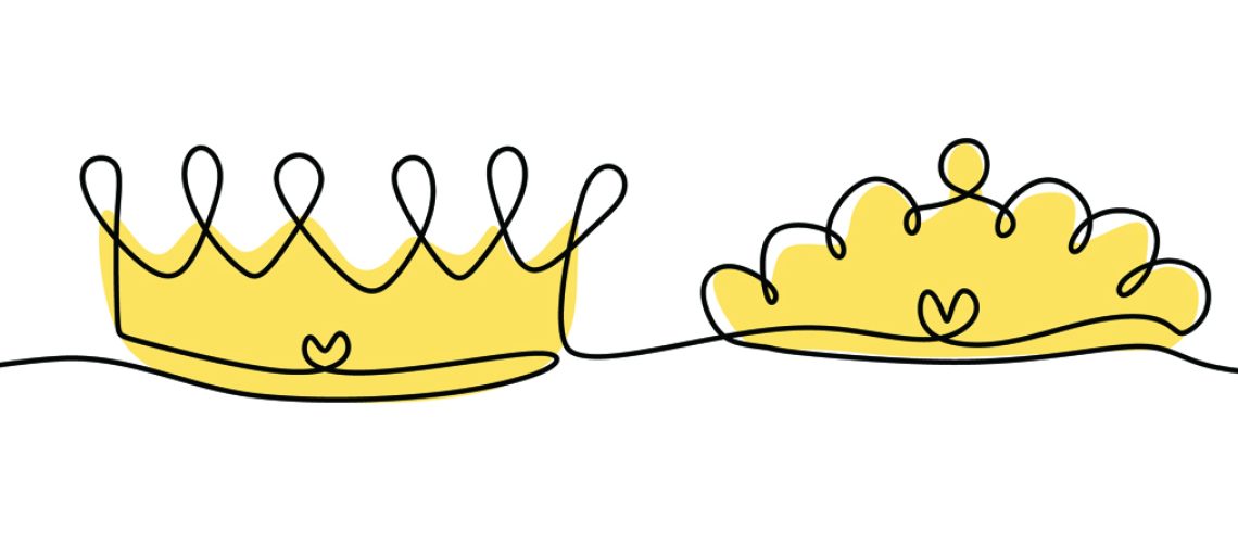 A crown of king and queen in continuous line drawing isolated on