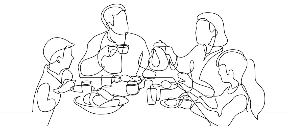 Continuous,Line,Drawing,Of,Family,Breakfast.,Template,For,Your,Design