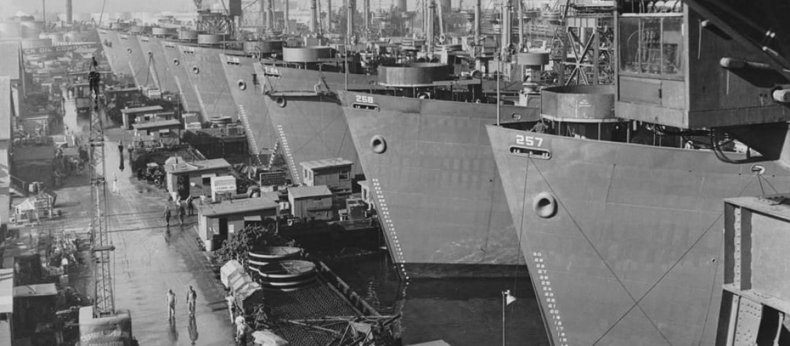 Nine,Huge,Liberty,Cargo,Ships,At,Docks,Of,California,Shipbuilding