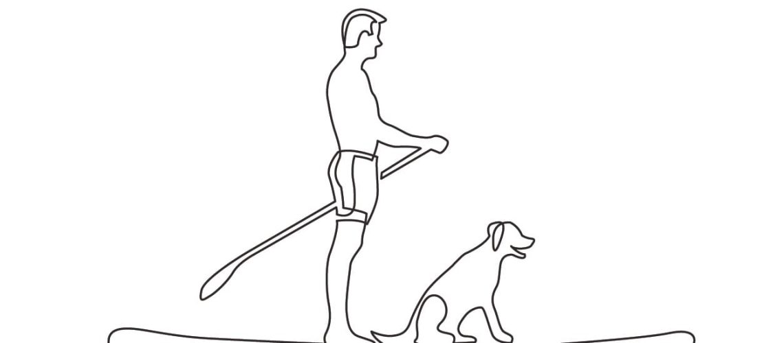 continuous line drawing of man and dog paddling on board